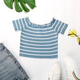 LOVEFERY New Popular trade summer new 2025 one-word shoulder striped navel top short-sleeved fungus edge short t-shirt