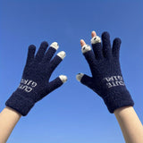 Cute Cartoon & Letter Pattern Fuzzy Gloves, Windproof Warm Winter Gloves, Writing Gloves, Touch Screen Sports Gloves For Cycling Driving