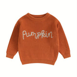 Cozy Autumn Winter Knit Sweater for Toddler Baby Girls - Soft Long Sleeve Crewneck with Letter Embroidery, Warm Pullover Knitwear for Halloween and Daily Wear