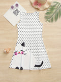 Adorable Girls Sleeveless Polka Dot Kitty Print Dress - Lightweight & Comfortable Casual Loose Sundress for Playful Summer Holidays & Parties