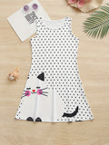 Adorable Girls Sleeveless Polka Dot Kitty Print Dress - Lightweight & Comfortable Casual Loose Sundress for Playful Summer Holidays & Parties