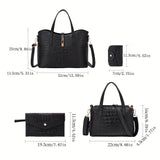 4-Piece Luxurious Crocodile Patterned Handbag Set for Women - Includes Tote, Crossbody, Clutch Purse, and Card Holder with Buckle Closure, Polyester Lining, and PU Material