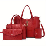 4-Piece Luxurious Crocodile Patterned Handbag Set for Women - Includes Tote, Crossbody, Clutch Purse, and Card Holder with Buckle Closure, Polyester Lining, and PU Material