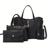 4-Piece Luxurious Crocodile Patterned Handbag Set for Women - Includes Tote, Crossbody, Clutch Purse, and Card Holder with Buckle Closure, Polyester Lining, and PU Material