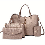 4-Piece Luxurious Crocodile Patterned Handbag Set for Women - Includes Tote, Crossbody, Clutch Purse, and Card Holder with Buckle Closure, Polyester Lining, and PU Material