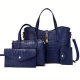 4-Piece Luxurious Crocodile Patterned Handbag Set for Women - Includes Tote, Crossbody, Clutch Purse, and Card Holder with Buckle Closure, Polyester Lining, and PU Material