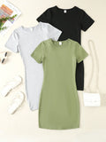 3pcs Comfy Stretchy Round Neck Bodycon T-Shirt Dresses Set for Girls - Soft Polyester Knit Fabric, Elegant Solid Color Design, Machine Washable, Perfect for Summer Outings