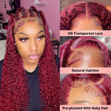 99J 180% Density Kinky Curly Burgundy Lace Front Wigs Human Hair 13x4 Red Wig Human Hair HD Transparent Frontal Wig Colored Pre Plucked with Baby Hair Glueless Wigs