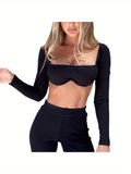 Women's Rib Knit Crop Tops, Sexy Long Sleeve Square Neck Solid Color Stretchy Blouse