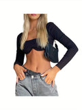 Women's Rib Knit Crop Tops, Sexy Long Sleeve Square Neck Solid Color Stretchy Blouse