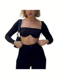 Women's Rib Knit Crop Tops, Sexy Long Sleeve Square Neck Solid Color Stretchy Blouse