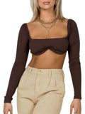 Women's Rib Knit Crop Tops, Sexy Long Sleeve Square Neck Solid Color Stretchy Blouse