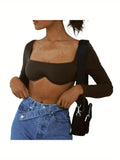 Women's Rib Knit Crop Tops, Sexy Long Sleeve Square Neck Solid Color Stretchy Blouse