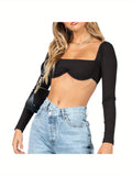 Women's Rib Knit Crop Tops, Sexy Long Sleeve Square Neck Solid Color Stretchy Blouse