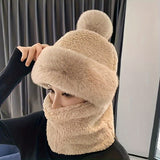 3-in-1 Winter Plush Beanie Hat Scarf Set for Women, Windproof Ear Warmer Riding Cap, Solid Color Polyester Woven, Hand Wash Inelastic Pull-On Closure - Fall/Winter Warm Accessories