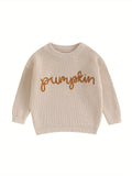 Cozy Autumn Winter Knit Sweater for Toddler Baby Girls - Soft Long Sleeve Crewneck with Letter Embroidery, Warm Pullover Knitwear for Halloween and Daily Wear