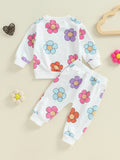 Baby Girl 2Pcs Fall Simple Outfits Long Sleeve Bow/Floral Print Sweatshirt + Pants Set Toddler Clothes