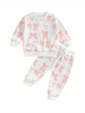 Baby Girl 2Pcs Fall Simple Outfits Long Sleeve Bow/Floral Print Sweatshirt + Pants Set Toddler Clothes