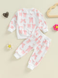 Baby Girl 2Pcs Fall Simple Outfits Long Sleeve Bow/Floral Print Sweatshirt + Pants Set Toddler Clothes