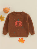 Cozy Pumpkin Pattern Toddler Sweater - Soft Chunky Knitwear, Long Sleeve, Round Neck, Warm Pullover for Boys and Girls - Perfect for Halloween, Autumn, and Winter Season