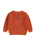 Cozy Pumpkin Pattern Toddler Sweater - Soft Chunky Knitwear, Long Sleeve, Round Neck, Warm Pullover for Boys and Girls - Perfect for Halloween, Autumn, and Winter Season