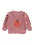 Cozy Pumpkin Pattern Toddler Sweater - Soft Chunky Knitwear, Long Sleeve, Round Neck, Warm Pullover for Boys and Girls - Perfect for Halloween, Autumn, and Winter Season