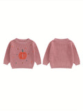 Cozy Pumpkin Pattern Toddler Sweater - Soft Chunky Knitwear, Long Sleeve, Round Neck, Warm Pullover for Boys and Girls - Perfect for Halloween, Autumn, and Winter Season