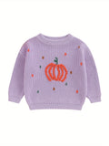 Cozy Pumpkin Pattern Toddler Sweater - Soft Chunky Knitwear, Long Sleeve, Round Neck, Warm Pullover for Boys and Girls - Perfect for Halloween, Autumn, and Winter Season