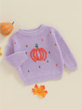 Cozy Pumpkin Pattern Toddler Sweater - Soft Chunky Knitwear, Long Sleeve, Round Neck, Warm Pullover for Boys and Girls - Perfect for Halloween, Autumn, and Winter Season