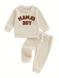 Baby Toddler Boy Fall Waffle Outfit, Letter Embroidery Long Sleeve Sweatshirt Elastic Waist Pants 2 Piece Set