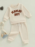 Baby Toddler Boy Fall Waffle Outfit, Letter Embroidery Long Sleeve Sweatshirt Elastic Waist Pants 2 Piece Set