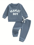 Baby Toddler Boy Fall Waffle Outfit, Letter Embroidery Long Sleeve Sweatshirt Elastic Waist Pants 2 Piece Set