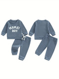 Baby Toddler Boy Fall Waffle Outfit, Letter Embroidery Long Sleeve Sweatshirt Elastic Waist Pants 2 Piece Set