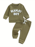 Baby Toddler Boy Fall Waffle Outfit, Letter Embroidery Long Sleeve Sweatshirt Elastic Waist Pants 2 Piece Set