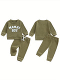 Baby Toddler Boy Fall Waffle Outfit, Letter Embroidery Long Sleeve Sweatshirt Elastic Waist Pants 2 Piece Set