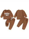 Baby Toddler Boy Fall Waffle Outfit, Letter Embroidery Long Sleeve Sweatshirt Elastic Waist Pants 2 Piece Set