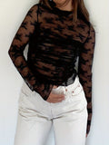 Women Y2k Lace Long Sleeve Crop Top Sexy Sheer Mesh Slim Fit Shirt Floral Embroidery See Through Blouse