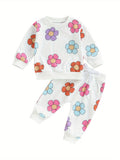 Baby Girl 2Pcs Fall Simple Outfits Long Sleeve Bow/Floral Print Sweatshirt + Pants Set Toddler Clothes