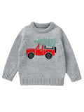 6 Months-3 Years Adorable Red Truck Print Knit Pullover Sweater for Toddler Boys - Soft, Long Sleeve, Round Neck, Christmas Themed, Cozy Winter Toddler Sweatshirts for Boys - Perfect for Holiday Season