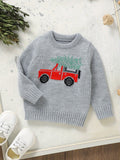 6 Months-3 Years Adorable Red Truck Print Knit Pullover Sweater for Toddler Boys - Soft, Long Sleeve, Round Neck, Christmas Themed, Cozy Winter Toddler Sweatshirts for Boys - Perfect for Holiday Season