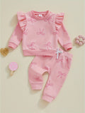 0-3Y Lovely Baby Girls Clothes Sets 2pcs Long Sleeve O Neck Bow Print Sweatshirt Tops Drawstring Pants