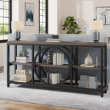 70.9 inch Extra Long Console Table with 3 Tier Wood Storage Shelves, Modern Metal Frame, Rustic Brown Black, for Entryway Hallway Living Room Behind Couch