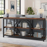 70.9 inch Extra Long Console Table with 3 Tier Wood Storage Shelves, Modern Metal Frame, Rustic Brown Black, for Entryway Hallway Living Room Behind Couch