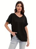 Loose Fit V-neck T-shirts For Women With Rolled Sleeves, Short Sleeves, And Split Summer Tops