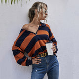 LOVEFERY New Popular trade popular early autumn Japanese striped long-sleeved top women's lapel contrasting long-sleeved knitted sweater