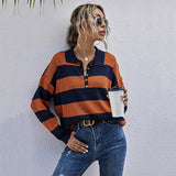 LOVEFERY New Popular trade popular early autumn Japanese striped long-sleeved top women's lapel contrasting long-sleeved knitted sweater