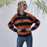 LOVEFERY New Popular trade popular early autumn Japanese striped long-sleeved top women's lapel contrasting long-sleeved knitted sweater