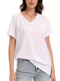 Loose Fit V-neck T-shirts For Women With Rolled Sleeves, Short Sleeves, And Split Summer Tops