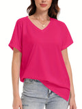 Loose Fit V-neck T-shirts For Women With Rolled Sleeves, Short Sleeves, And Split Summer Tops