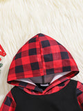 Baby's MY 1ST CHRISTMAS Print Casual Hooded Plaid Pattern Long Sleeve Romper, Toddler & Infant Boy's Bodysuit For Autumn And Winter Outdoors